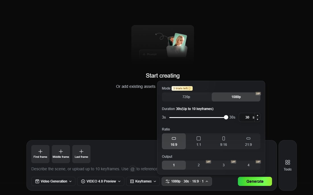 Nyilvános előzetes felület, amely a VIDEO 4.0 Preview-t, 720p és 1080p opciókat, 3–30 másodperces időtartományt és legfeljebb 10 kulcskockát mutat