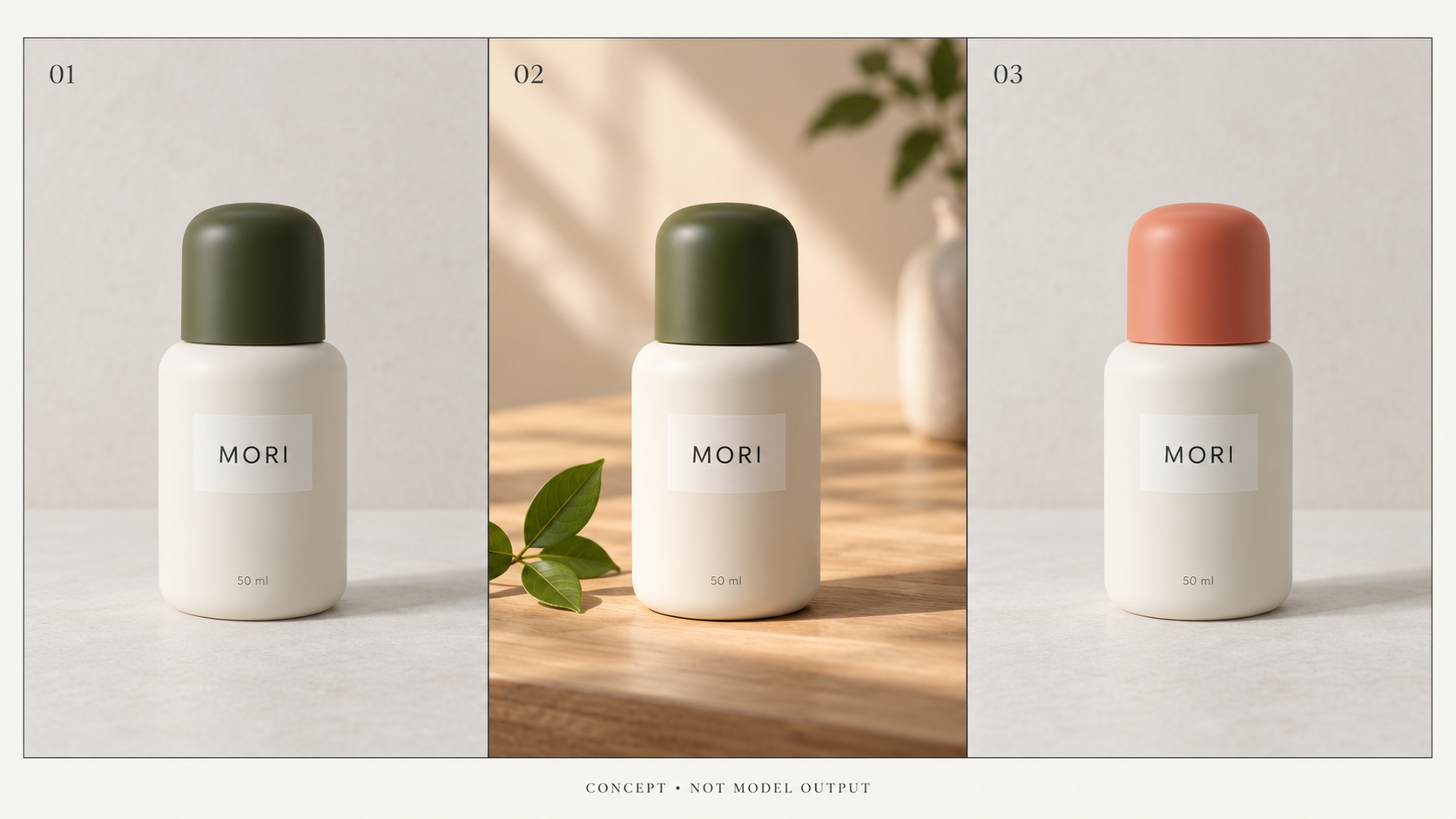 Three product test scenarios showing the MORI skincare bottle in a studio, on a wooden table, and with only its green cap changed to coral