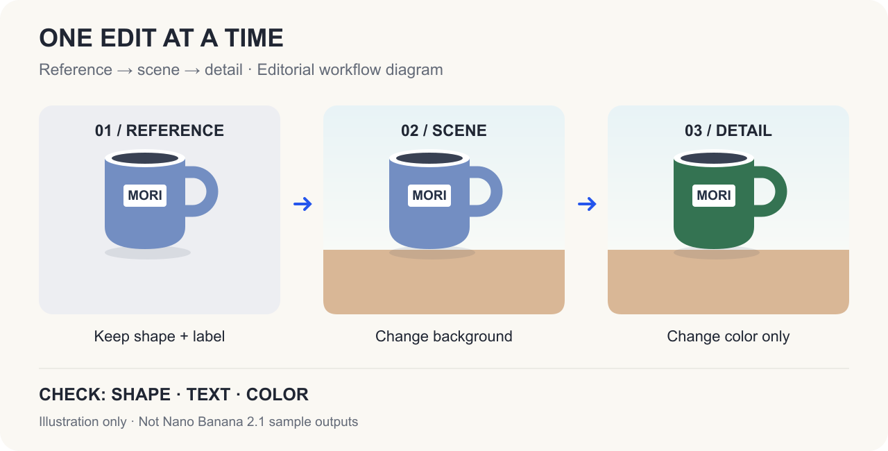 Workflow diagram showing a product reference, a new scene, and a detail edit, with checks for shape, text, and color