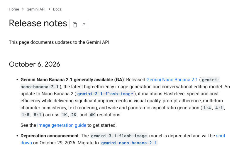 Google Gemini API release notes dated October 6, 2026, announcing Nano Banana 2.1 and migration from the previous model