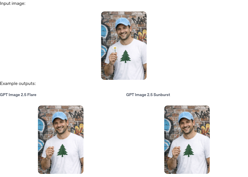 مثال التعديل المحلي لـ OpenAI: رجل يحمل زهرة في الأعلى، مع نتائج إزالة الزهور لـ Flare وSunburst في الأسفل