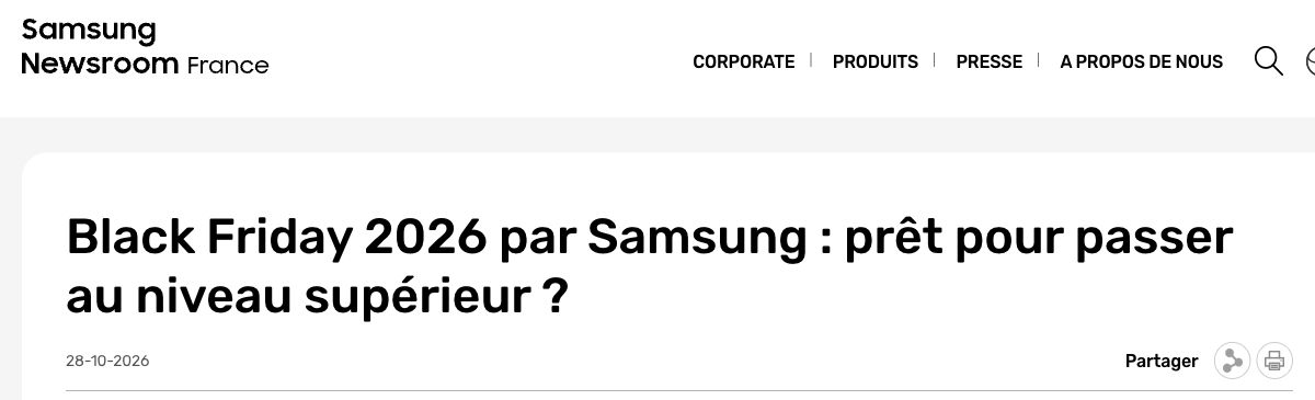 لقطة شاشة حقيقية مقتطعة لإعلان Samsung Newsroom France عن الجمعة البيضاء 2026، تظهر عنوانه وتاريخ نشره في 28 أكتوبر 2026