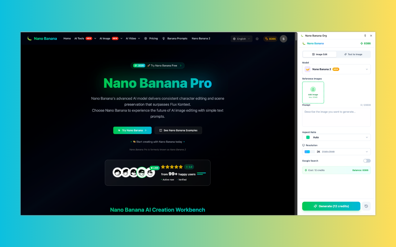 Nano Banana Extension panel open alongside any webpage