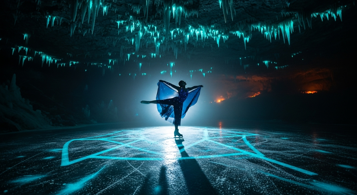Une patineuse artistique performant dans une caverne souterraine surréaliste avec eau bioluminescente